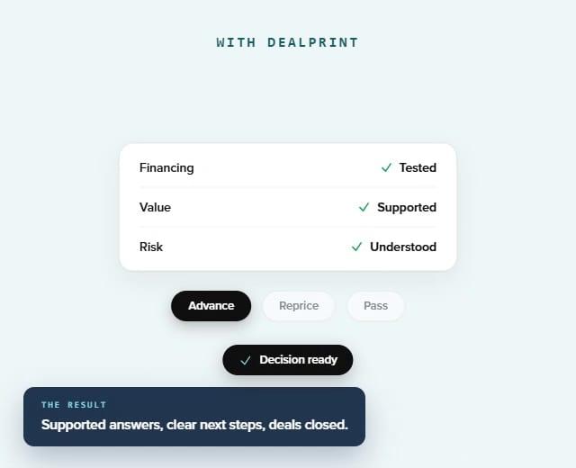 With DEALPRINT: financing tested, value supported, and risk understood — decision ready, deals closed.